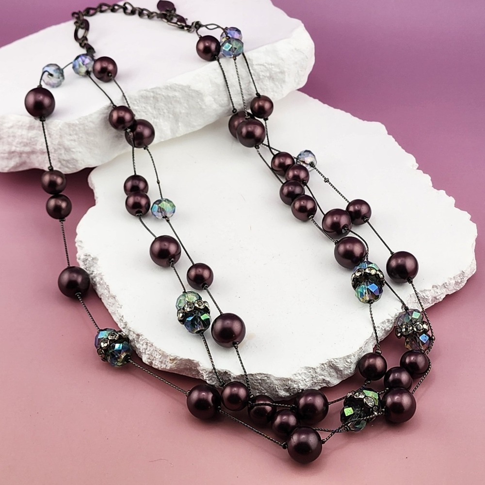 Coldwater Creek Purple Faux Pearl AB Glass Multi Strand Statement Necklace